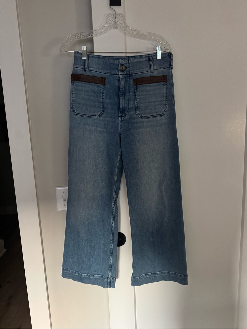 Maeve Light Blue Wide-Leg Jeans with Brown leather Trim